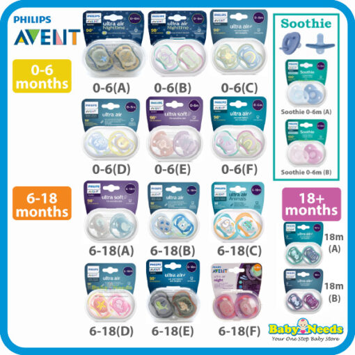 Philips Avent Ultra Air/Ultra Soft/Fashion Baby Soother Soothie Pacifier 0-6/6-18 Month Twin Pack