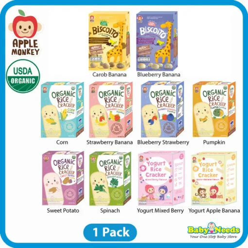 Apple Monkey Organic Baby Rice Cracker (Corn/S.Berry Banana/B.Berry S.Berry/Pumpkin/Sweet Potato/Spinach/Yogurt)
