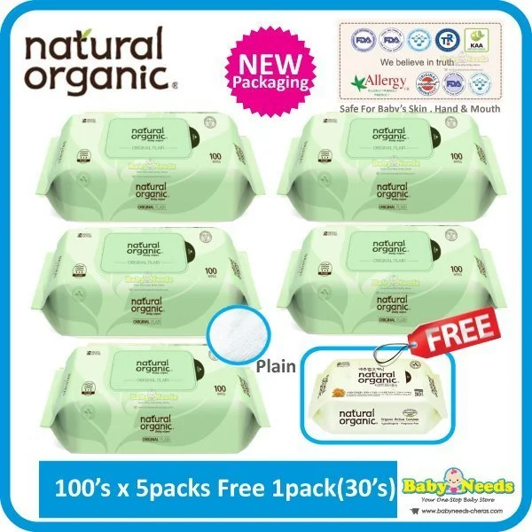 Natural Organic Baby Wipes Original Plain 100 sheets (5pack Free 1pack 30 sheets)