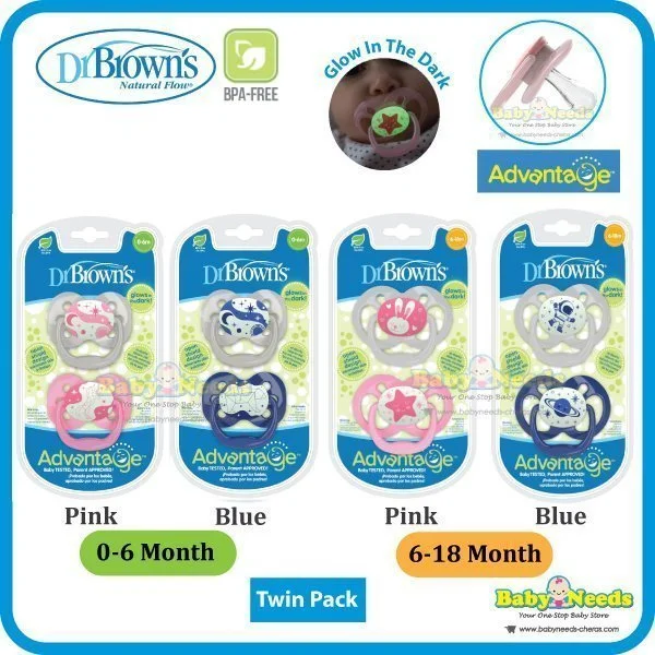 Dr Brown's Advantage Pacifiers Glow in the Dark Stage 1 (0-6m)/Stage 2 (6-18m) 2pcs