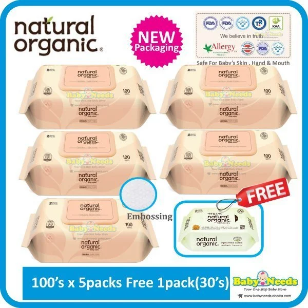 Natural Organic Baby Wipes Original Embossing 100 sheets (5pack Free 1pack 30 sheets)