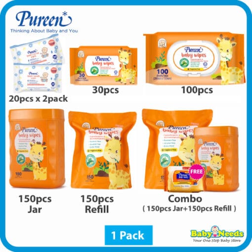 Pureen Extra Moist Baby Wipes Fragrance Free (30pcs/100pcs/150pcs Jar/150pcs Refill)