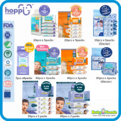 Hoppi Premium Baby Wet Wipes/Antibacterial Wipes/Glacier (20pcs x 5Packs/80pcs x 3Packs/80pcs)