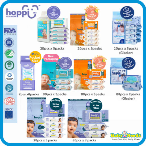Hoppi Premium Baby Wet Wipes/Antibacterial Wipes/Glacier (20pcs x 5Packs/80pcs x 3Packs/80pcs)