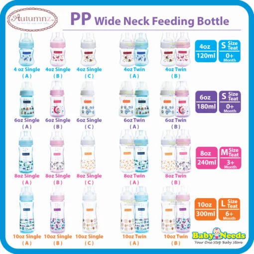 Autumnz PP Wide Neck Baby Feeding Bottle Single/Twin Pack 4oz/6oz/8oz/10oz