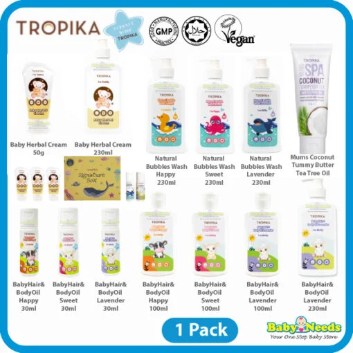 Tropika Baby Herbal Cream/Natural Bubble Wash/Baby Hair & Body oil