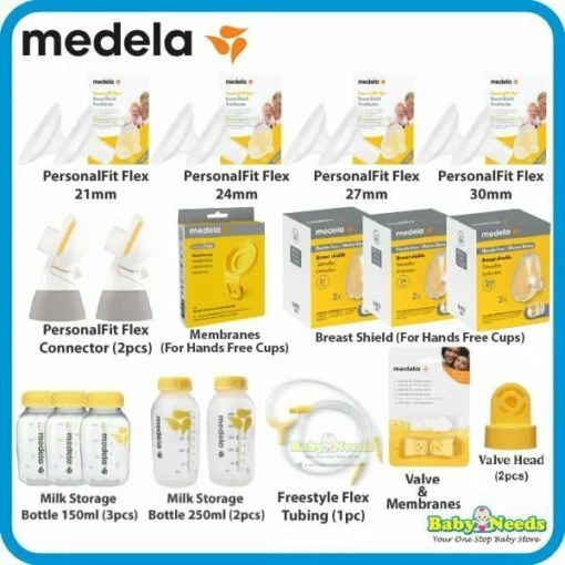 Medela Personal Fit Flex Breast Shield/ Freestyle Flex Connector/Tubing/Storage Bottle/Valve/Membrane