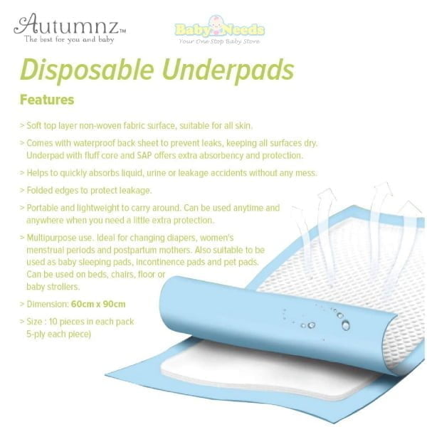 Autumnz Disposable Underpads/Changing Pad *60cm x 90cm* (10pcs per pack) -  Baby Needs Online Store Malaysia