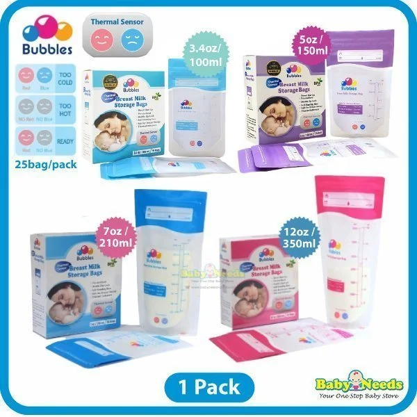 Bubbles Thermal Sensor Double Ziplock Breastmilk Storage Bag 3.4oz/5oz/7oz/12oz