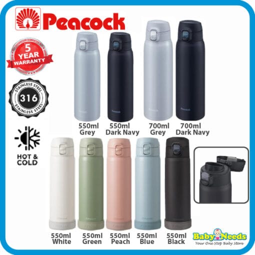 Peacock One Touch Thermo Flask Bottle 550ml/700ml