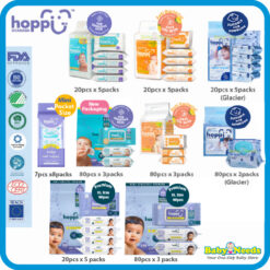 Hoppi Premium Baby Wet Wipes/Antibacterial Wipes/Glacier (20pcs x 5Packs/80pcs x 3Packs/80pcs)