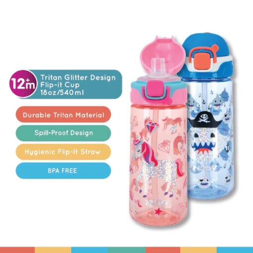 Nuby Tritan Cup with Silicone Spout w/Glitter Design Flip-it Bolt Cup (18oz/540ml) - Image 5