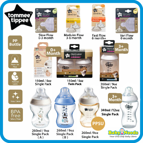 Tommee Tippee Closer to Nature PP Bottle 125ml/260ml/Teat