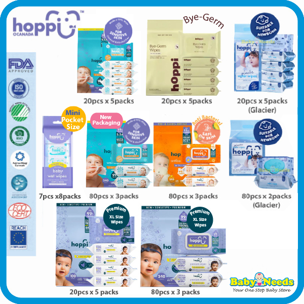 Hoppi Premium Baby Wet Wipes/Antibacterial Wipes/Glacier (20pcs x 5Packs/80pcs x 3Packs/80pcs)